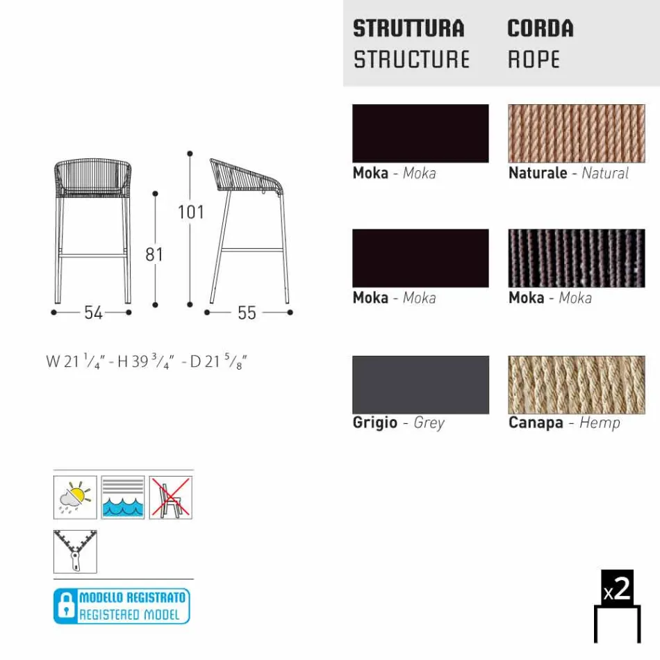 Varaschin Cricket sgabello alto da giardino design moderno, 2 pezzi Viadurini