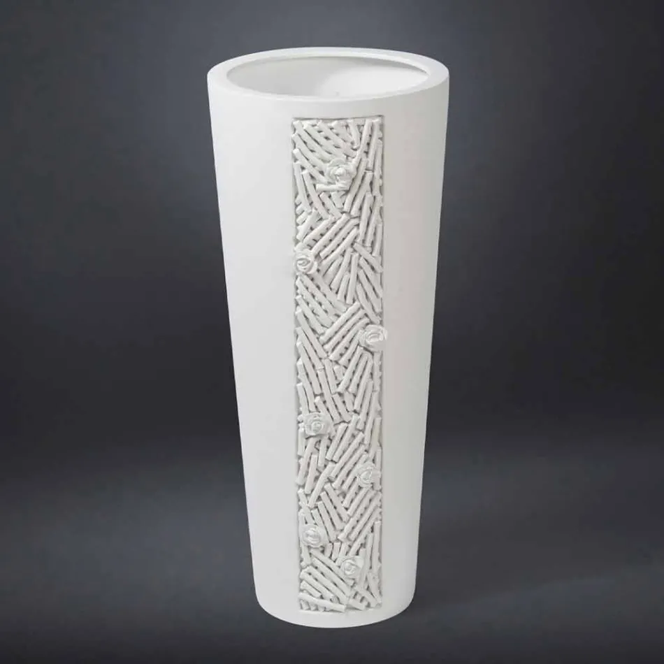 Vaso Alto da Interno in Ceramica Bianca con Decoro Made in Italy - Calisto Viadurini