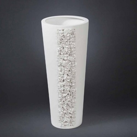 Vaso Alto in Ceramica Bianca con Decoro Realizzato a Mano in Italia - Calisto Viadurini