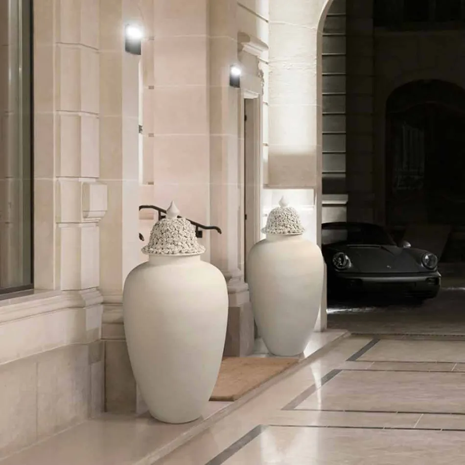 Vaso Alto in Ceramica Bianca con Punta Decorata Fatto a Mano in Italia - Verio Viadurini