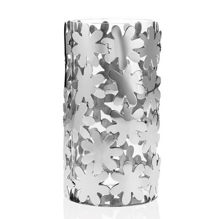 Vaso Cilindrico in Vetro e Metallo Argentato e Decoro a Fiore Lusso - Terraceo Viadurini