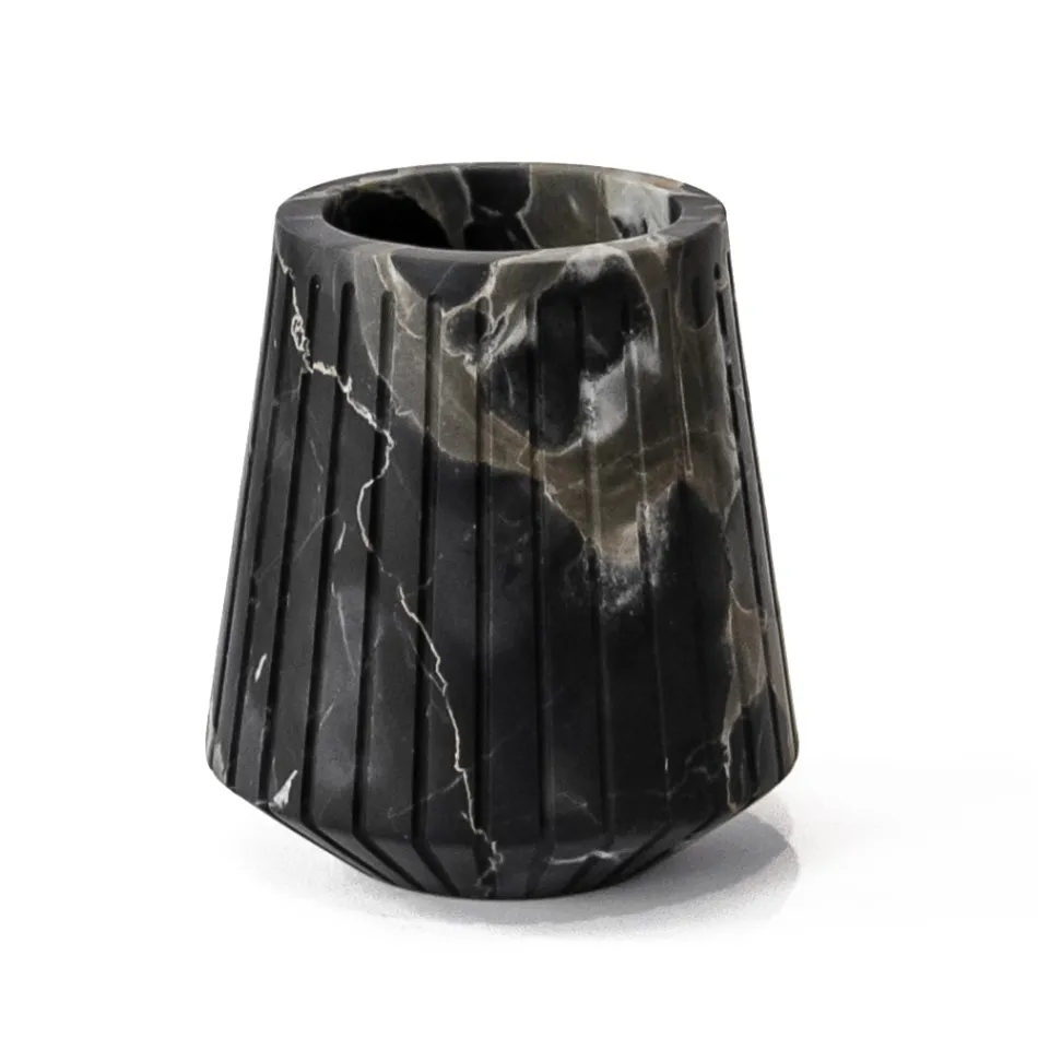 Vaso Decorativo Basso in Marmo Portoro Design a Righe Made in Italy - Cairo Viadurini