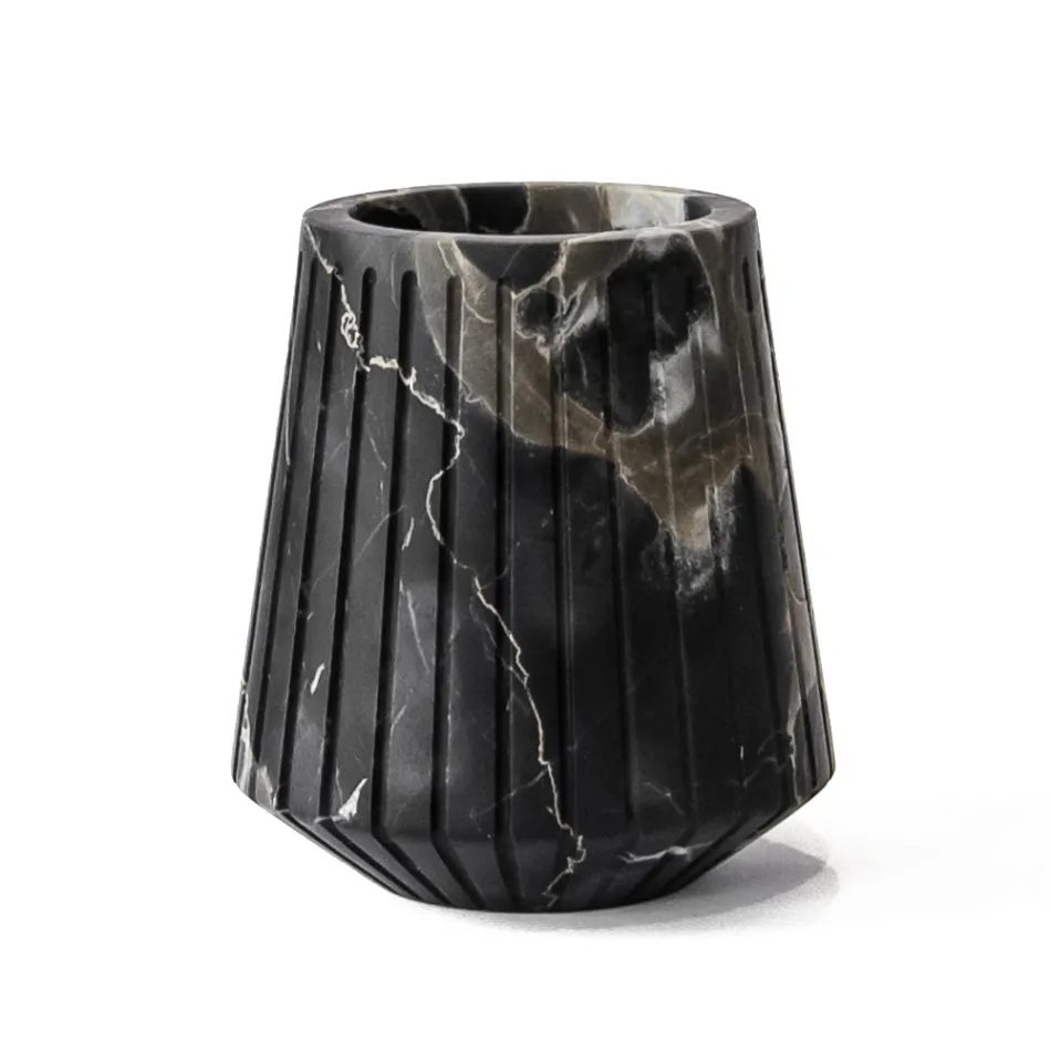 Vaso Decorativo Basso in Marmo Portoro Design a Righe Made in Italy - Cairo Viadurini