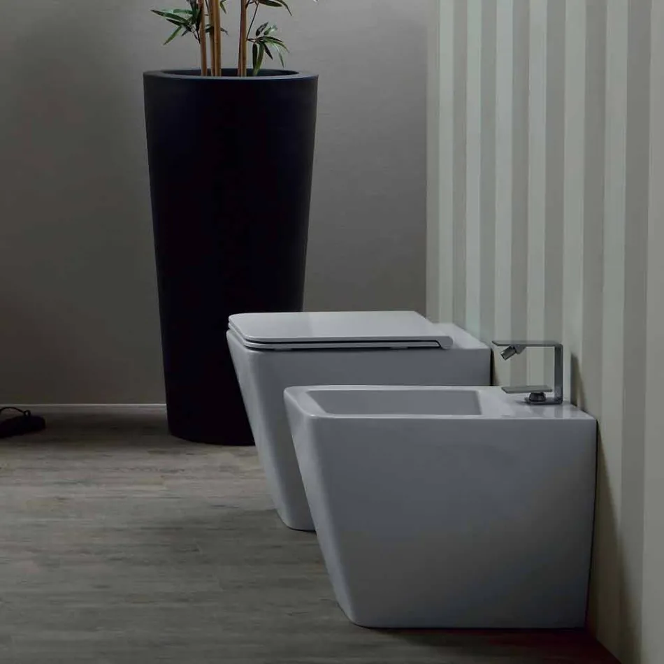 Vaso WC in ceramica bianca design moderno Sun Square, made in Italy Viadurini