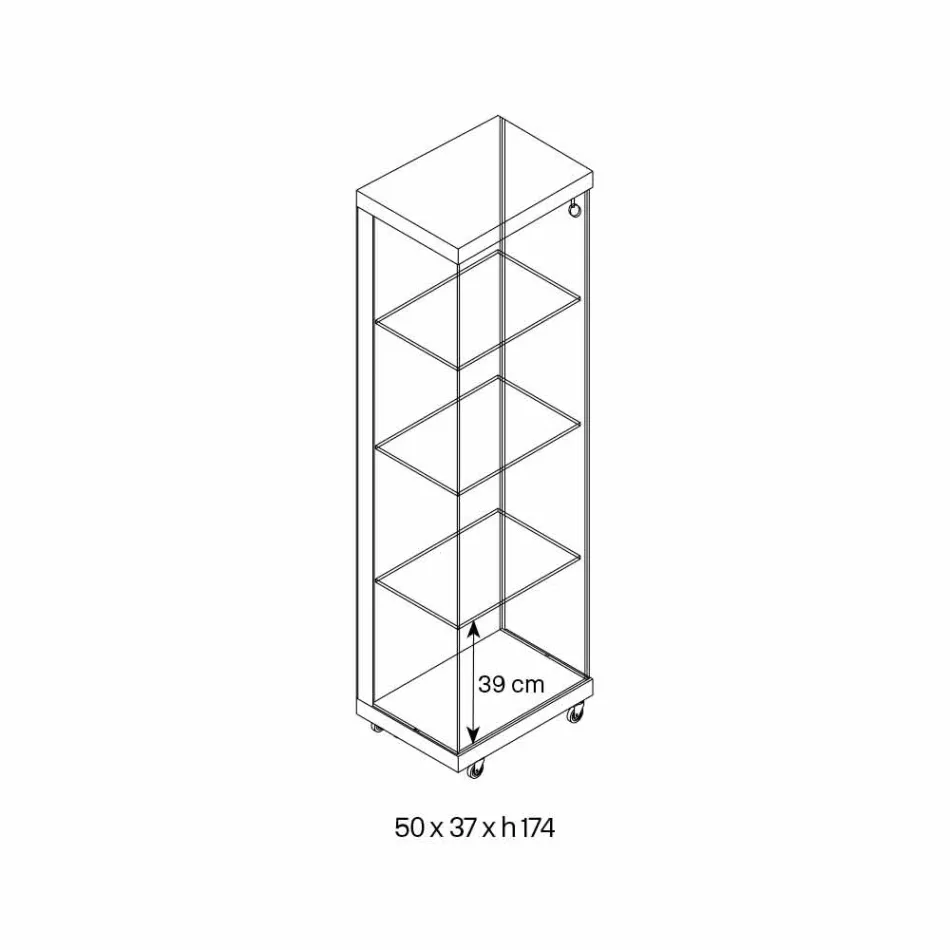 Vetrina a Parete in Vetro e Legno Bianco, Ruote e Ripiani Illuminati - Armilla Viadurini