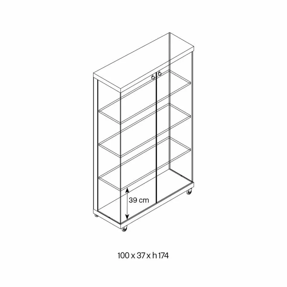 Vetrina a Parete in Vetro e Legno Bianco, Ruote e Ripiani Illuminati - Armilla Viadurini