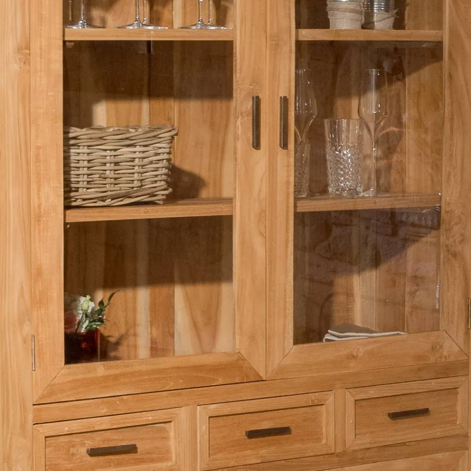 Vetrina da Soggiorno in Teak Massello con 4 Ante e 3 Cassetti - Sanda Viadurini