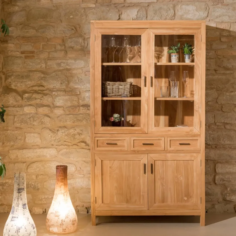 Vetrina da Soggiorno in Teak Massello con 4 Ante e 3 Cassetti - Sanda Viadurini