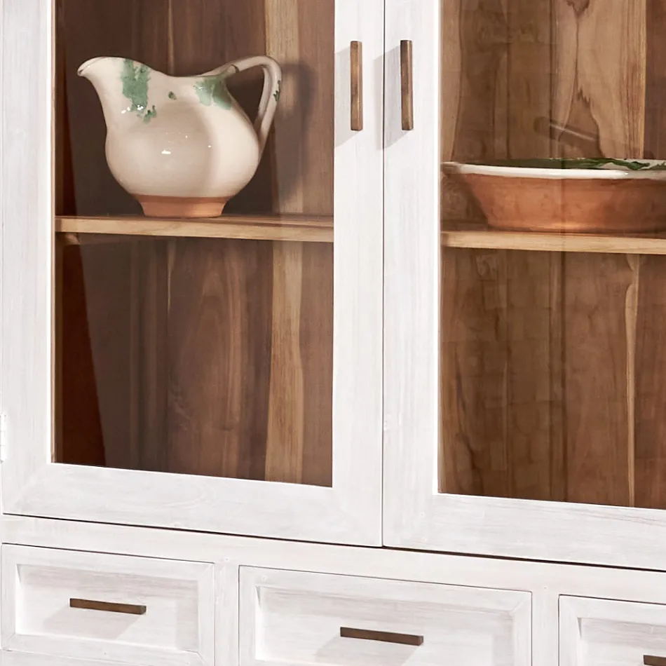 Vetrina da Soggiorno in Teak Massello con 4 Ante e 3 Cassetti - Sanda Viadurini