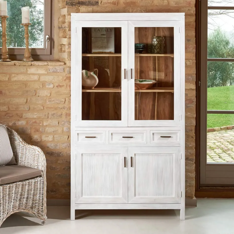 Vetrina da Soggiorno in Teak Massello con 4 Ante e 3 Cassetti - Sanda Viadurini